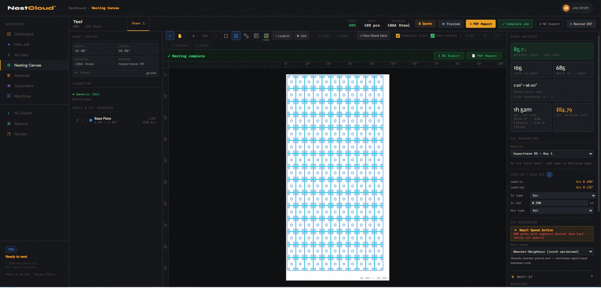 NestCloud nesting canvas &mdash; 165 parts nested at 85% yield on a 48x96 sheet of 16GA Steel